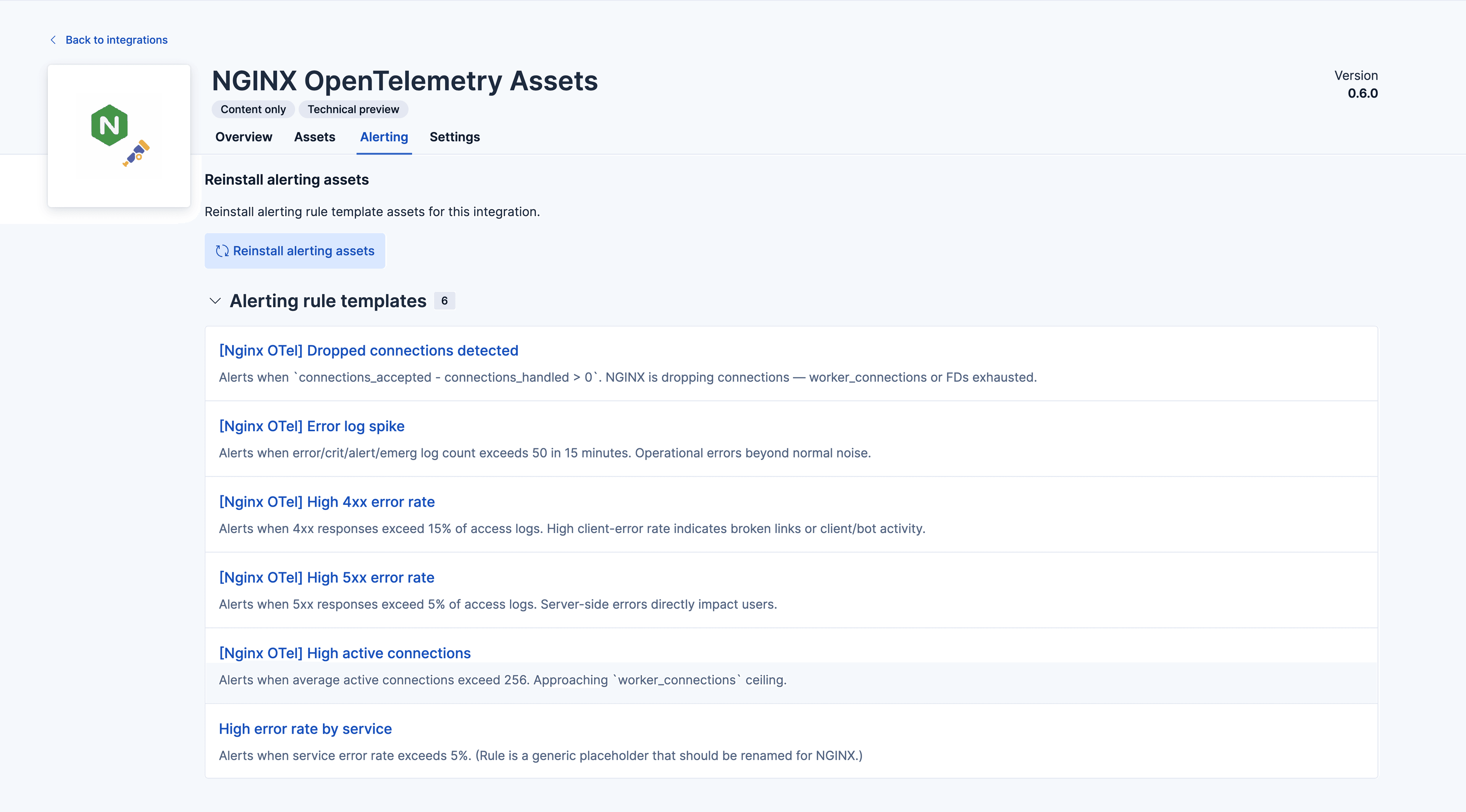 The Alerting tab of the NGINX OpenTelemetry Assets integration listing its rule templates