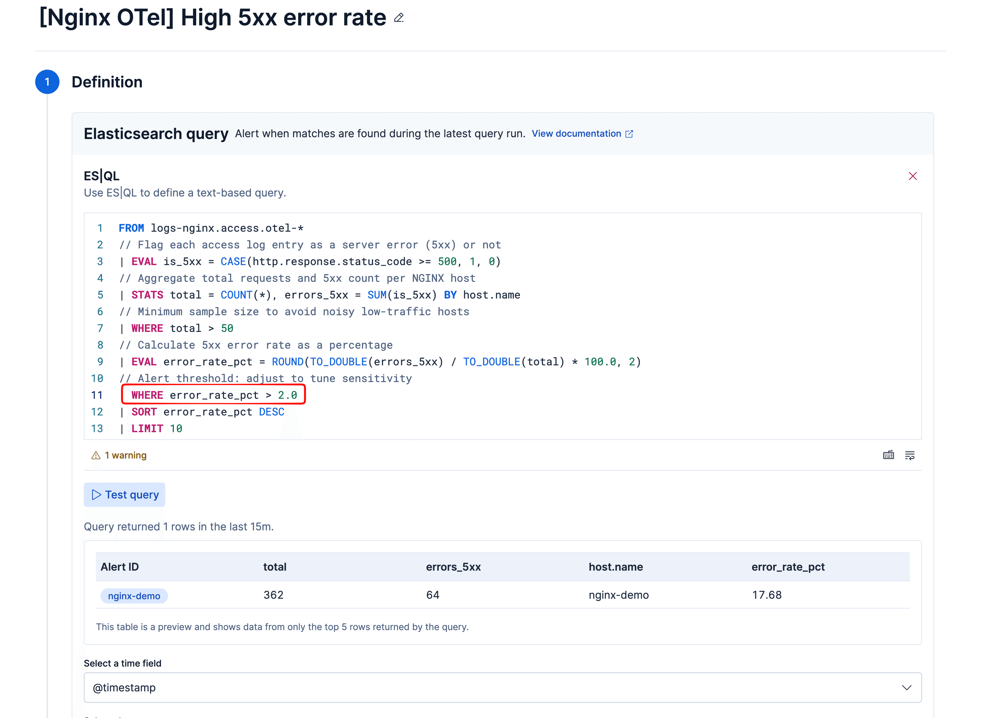 Test query results after editing the threshold in the ES|QL query