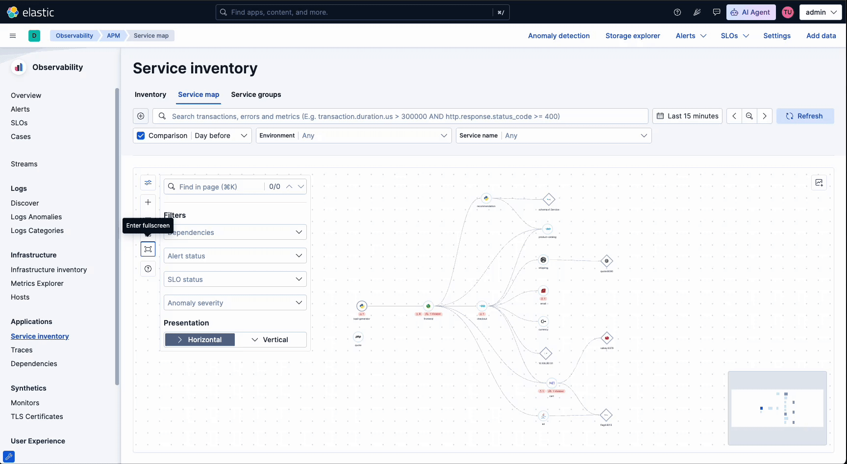 Adding a service map to a dashboard from APM and navigating in full-screen mode