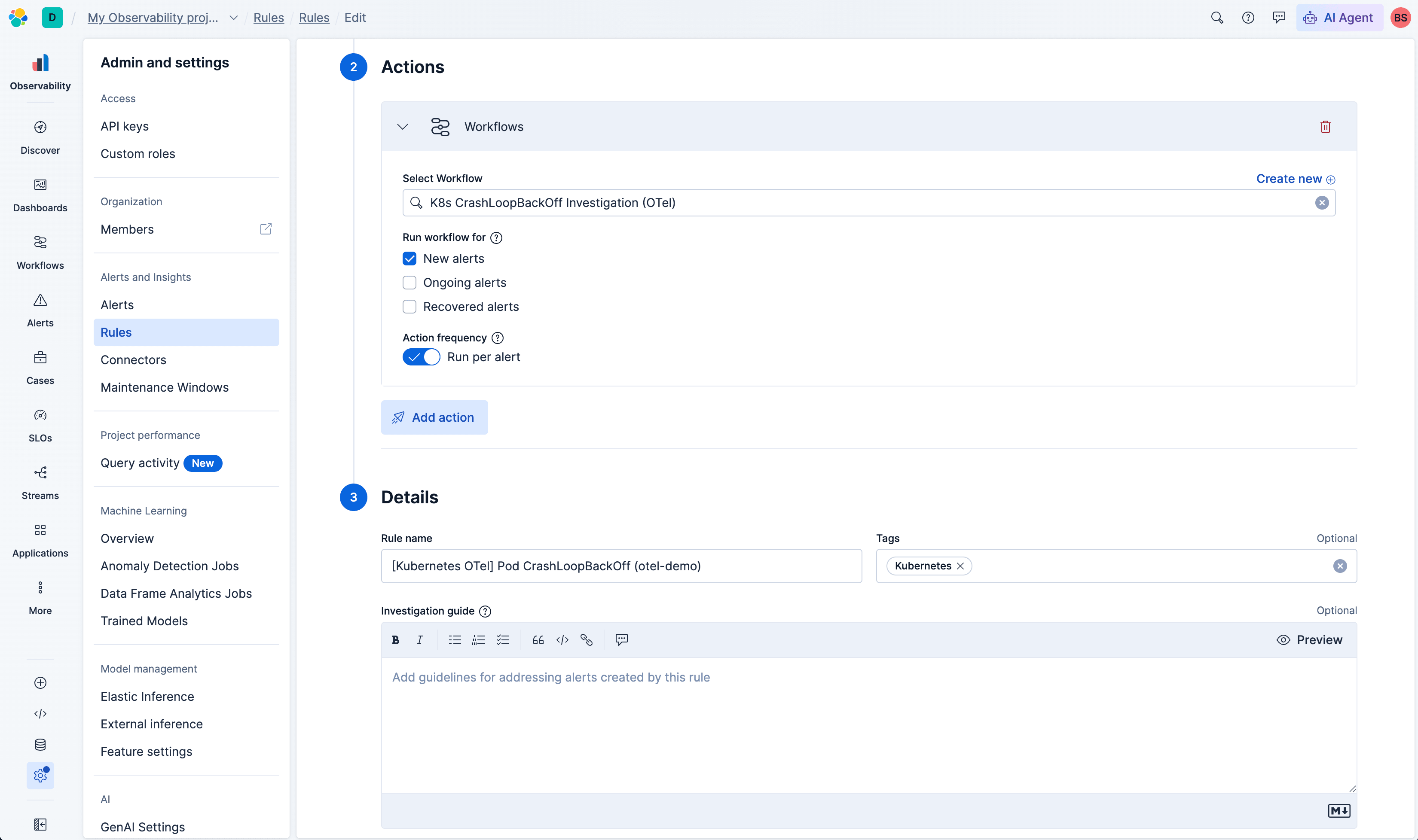 CrashLoopBackOff alert rule configuration in Elastic