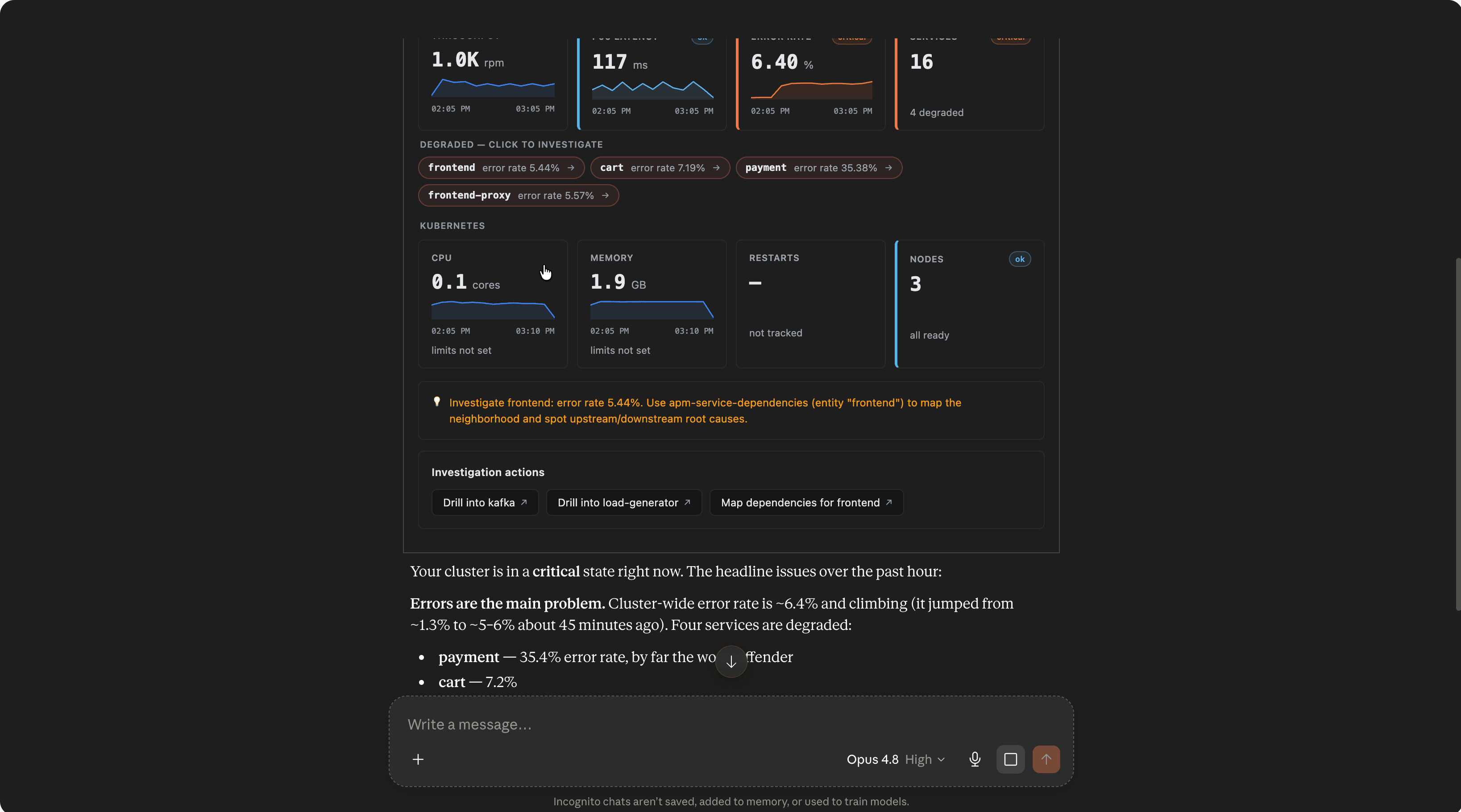 Elastic Observability MCP App rendering a cluster health