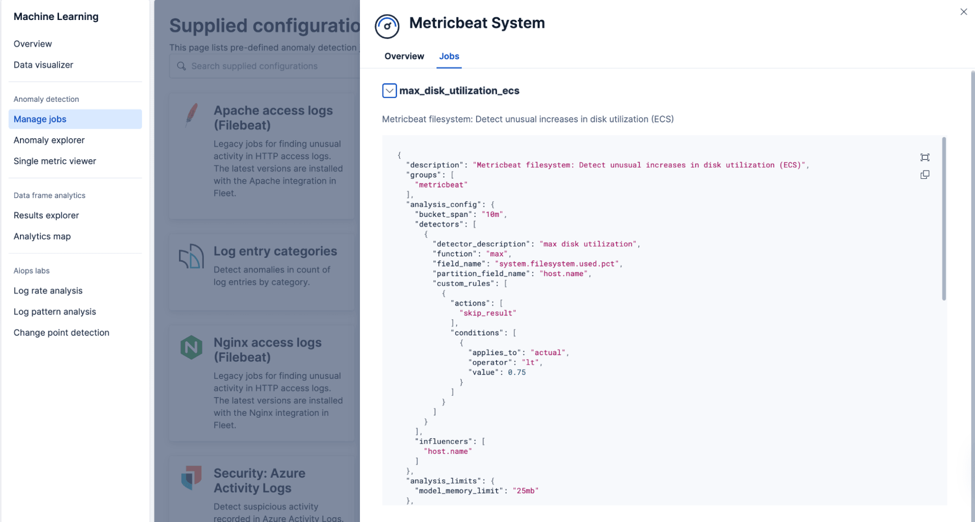Disk capacity anomaly detection job config in Kibana: the built-in max_disk_utilization_ecs job
