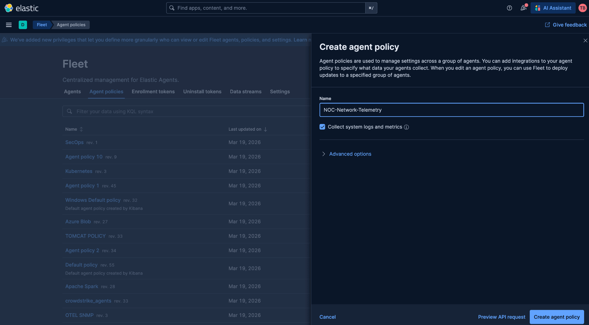 Kibana Fleet page creating the NOC Network Telemetry agent policy