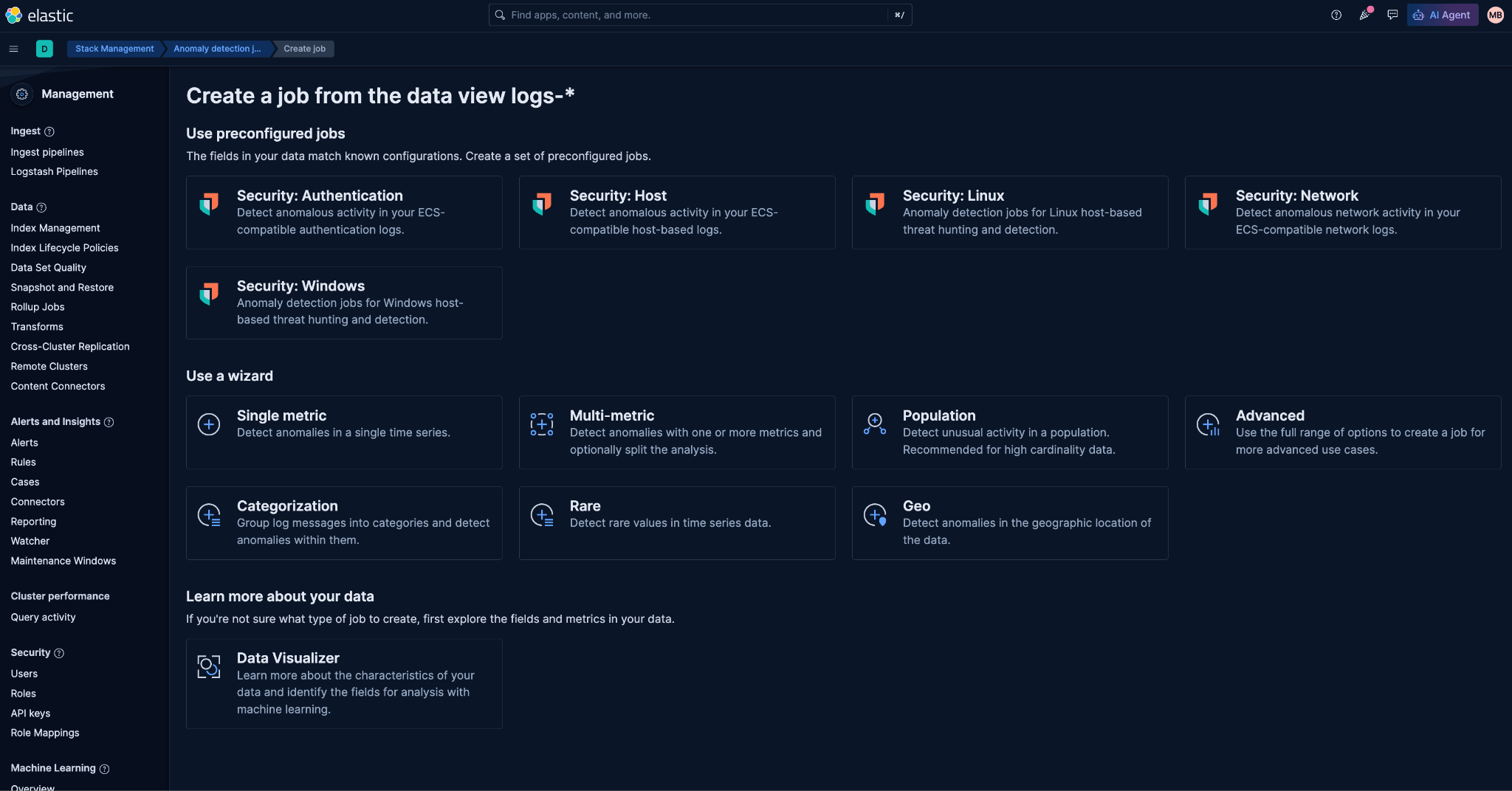 Machine Learning anomaly detection job setup for Cisco ISE authentication failures