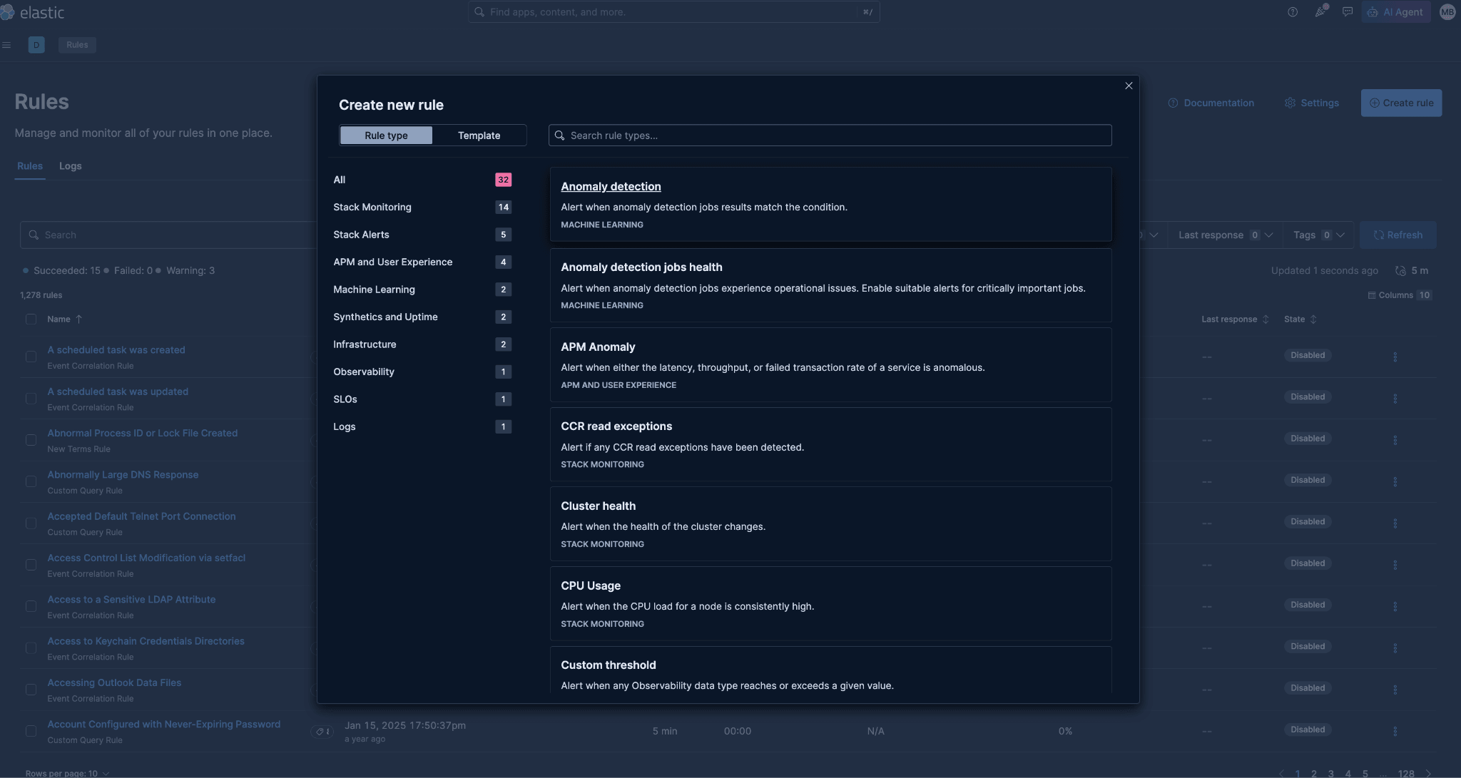 Observability alert rule creation for anomaly detection job threshold and actions