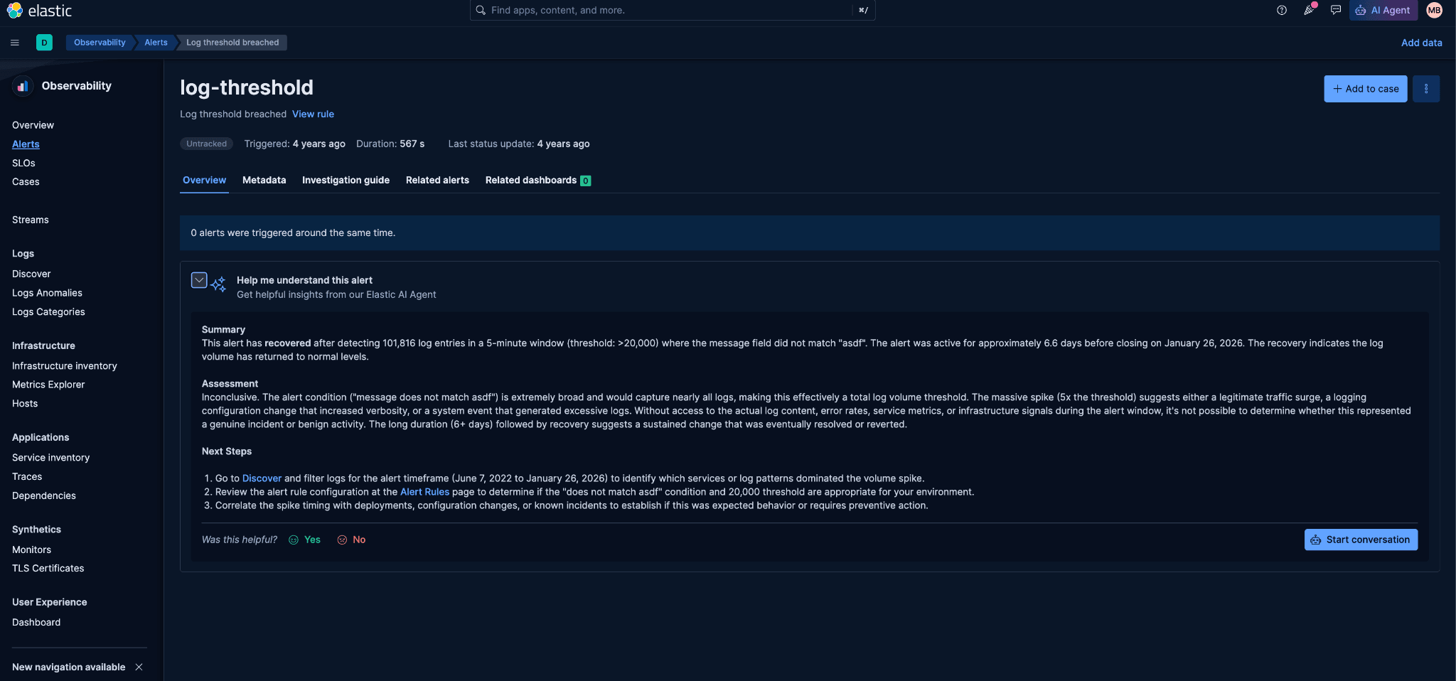Elastic AI Assistant alert analysis with root causes and investigation guidance