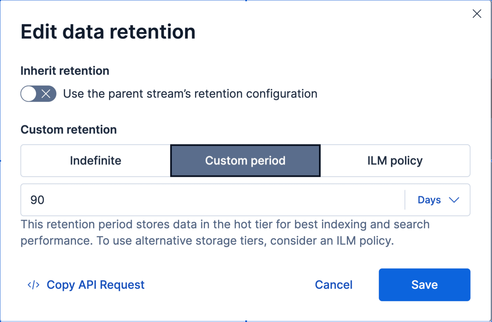 Edit data retention dialog with Custom period set to 90 days