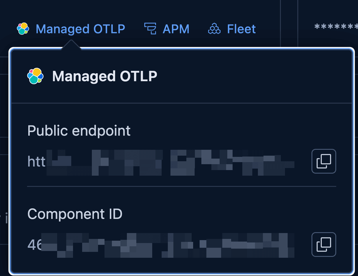 Managed OTLP endpoint URL and Component ID in Elastic Cloud Console