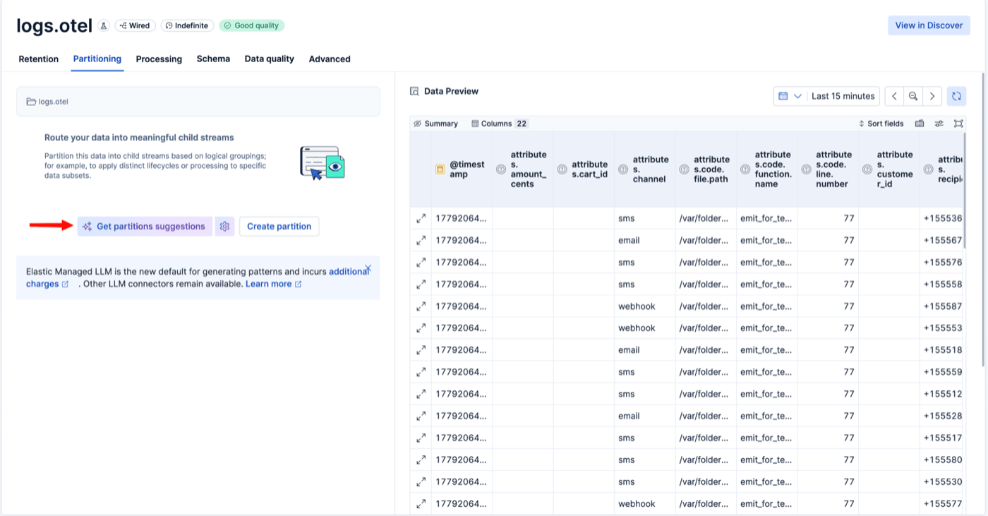 Partitioning tab on logs.otel with the Get partitions suggestions button and data preview