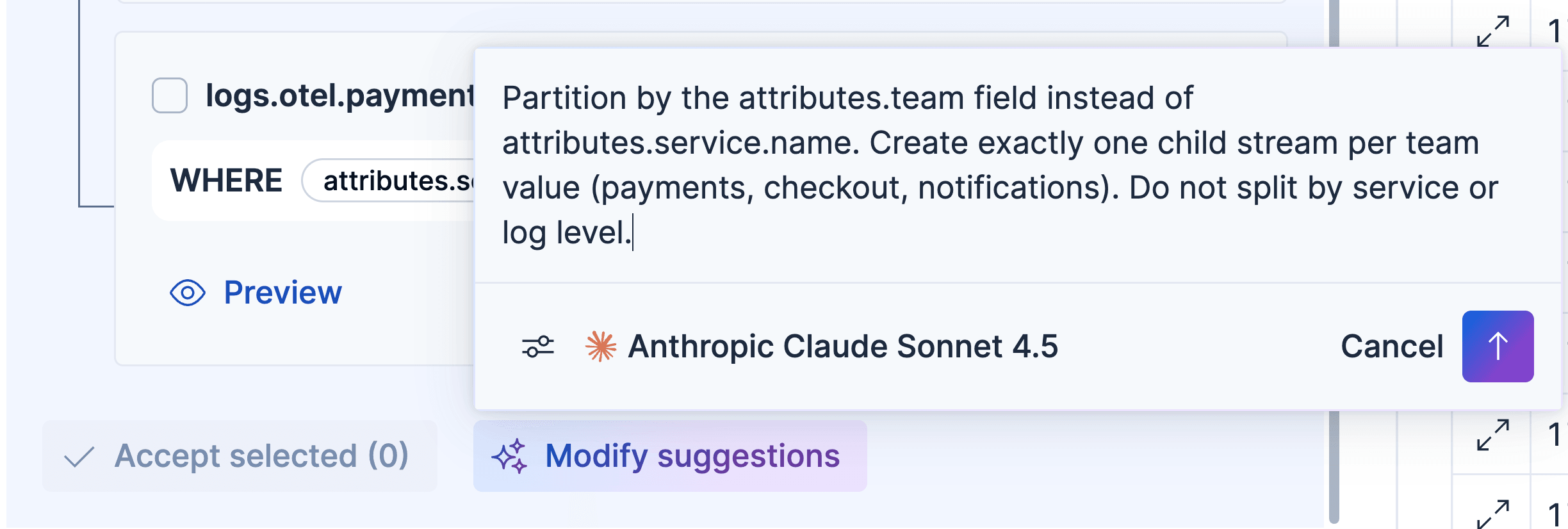 Modify suggestions modal with a plain-English prompt to partition by attributes.team