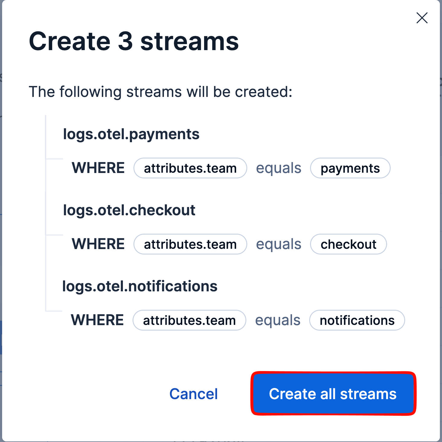 Create 3 streams confirmation dialog listing payments, checkout, and notifications