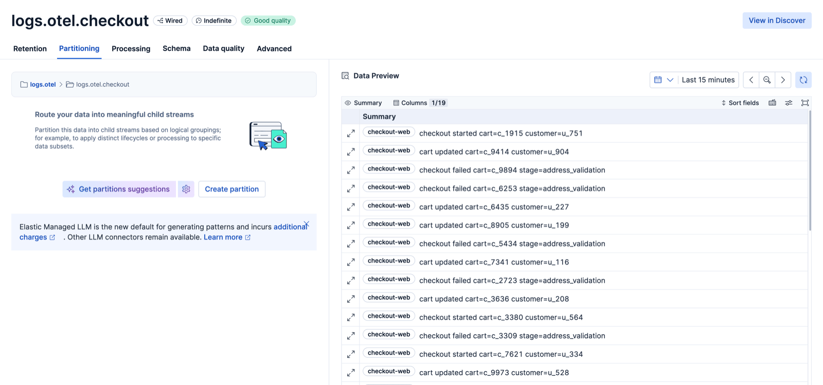 logs.otel.checkout child stream data preview showing only checkout-web events