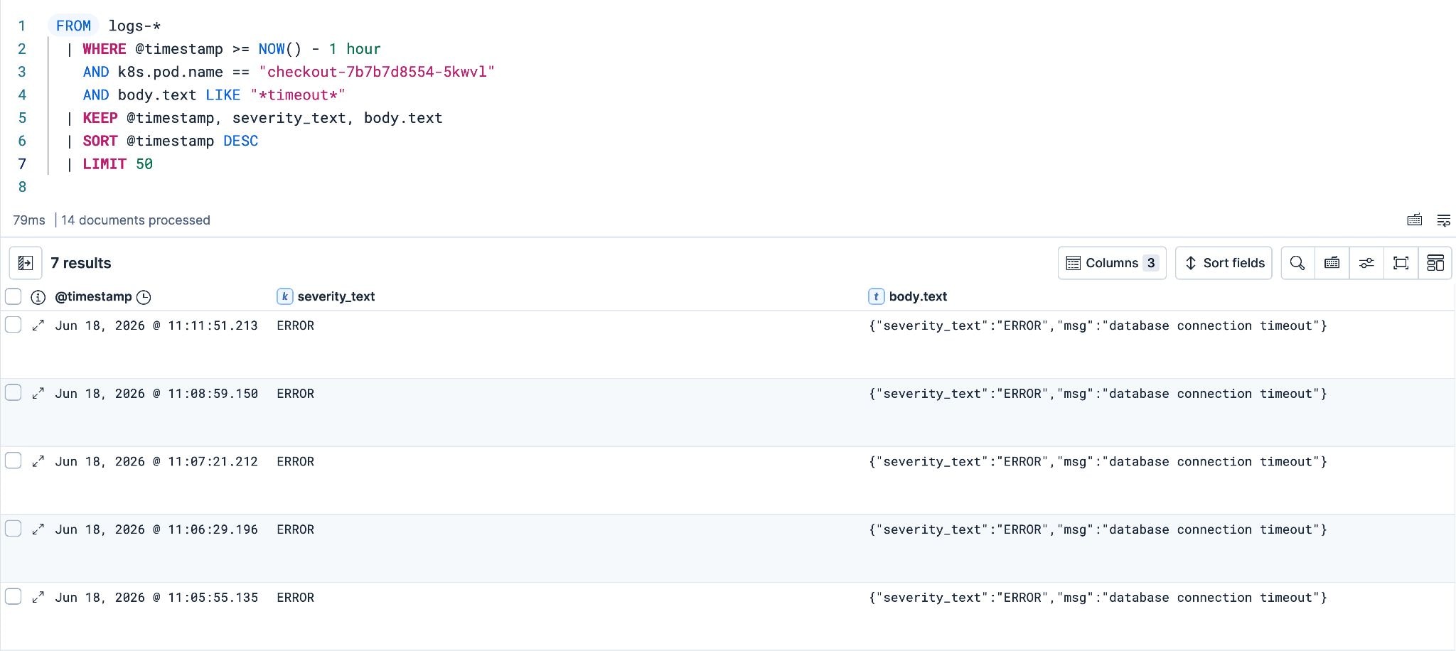 Pod log messages filtered by keyword