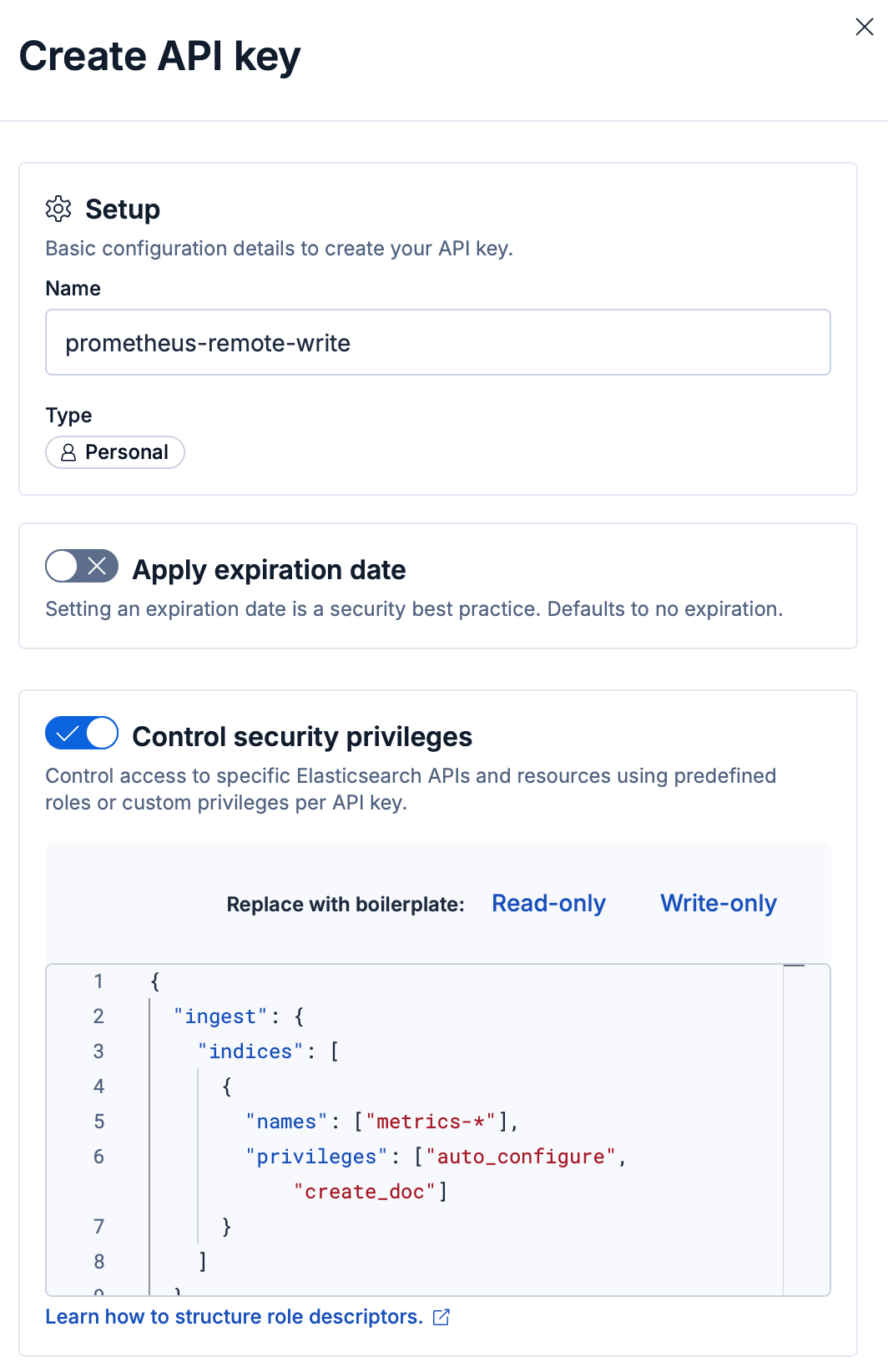 Create API key dialog showing the name, type, and role descriptor for the ingest key