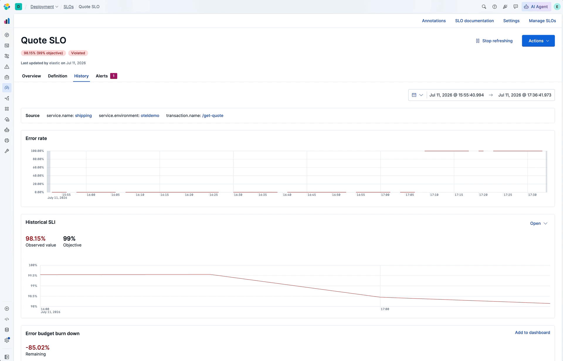 SLI error rate with RED metrics and Traces in Discover