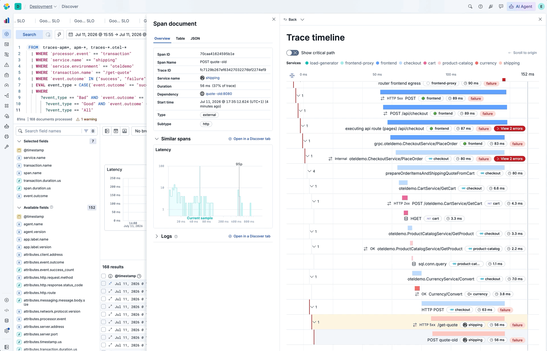Trace timeline and dependency view showing 100% failed requests to quote-old