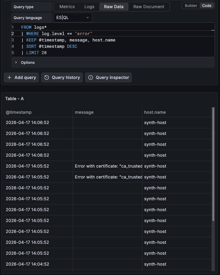 ES|QL query filtering error-level log entries and displaying timestamp, message, and host name columns