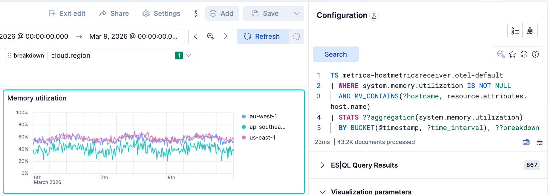 ES|QL query with variable placeholders visible in the Lens editor