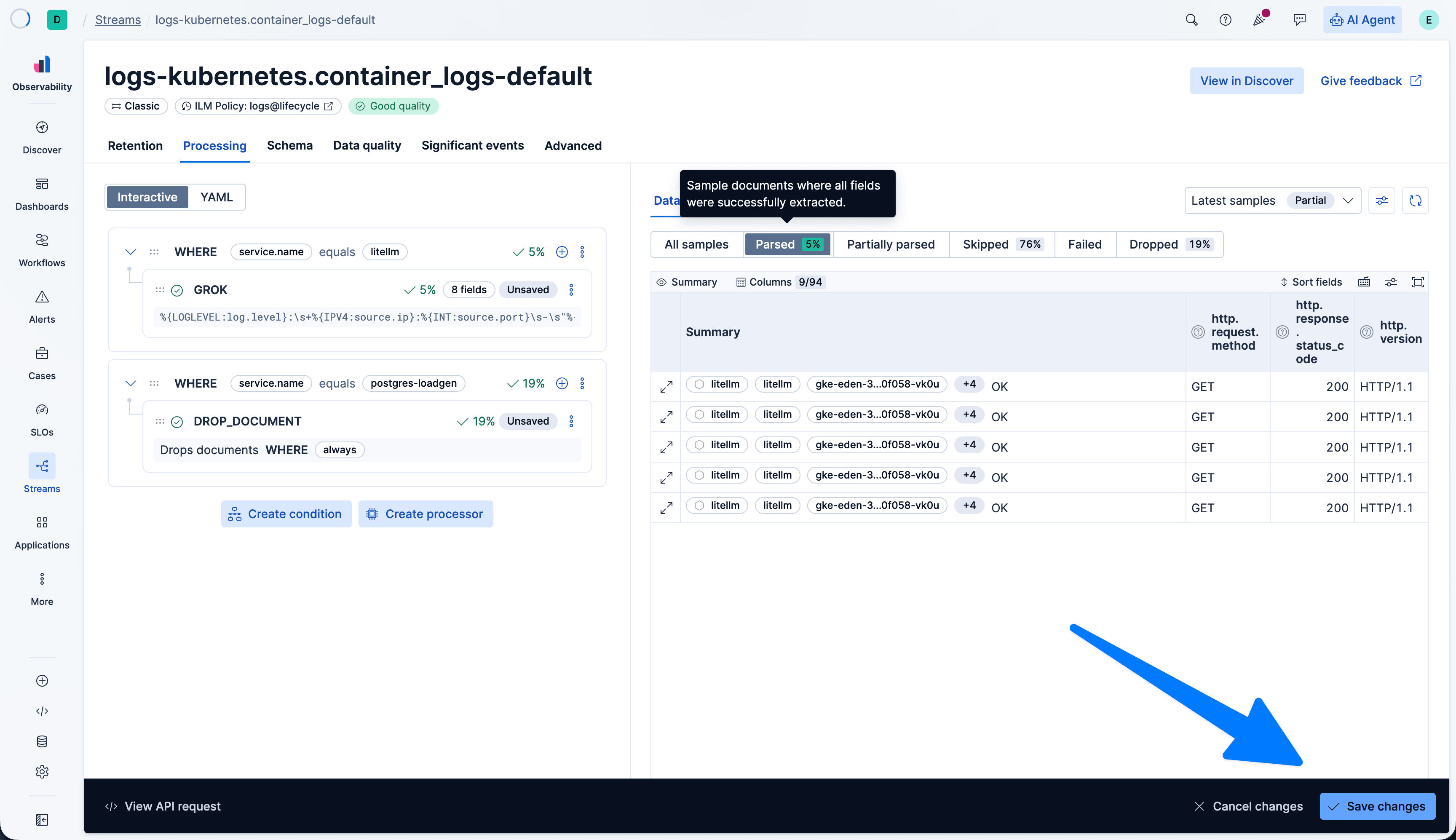 Save changes button after validating processing logic on live samples