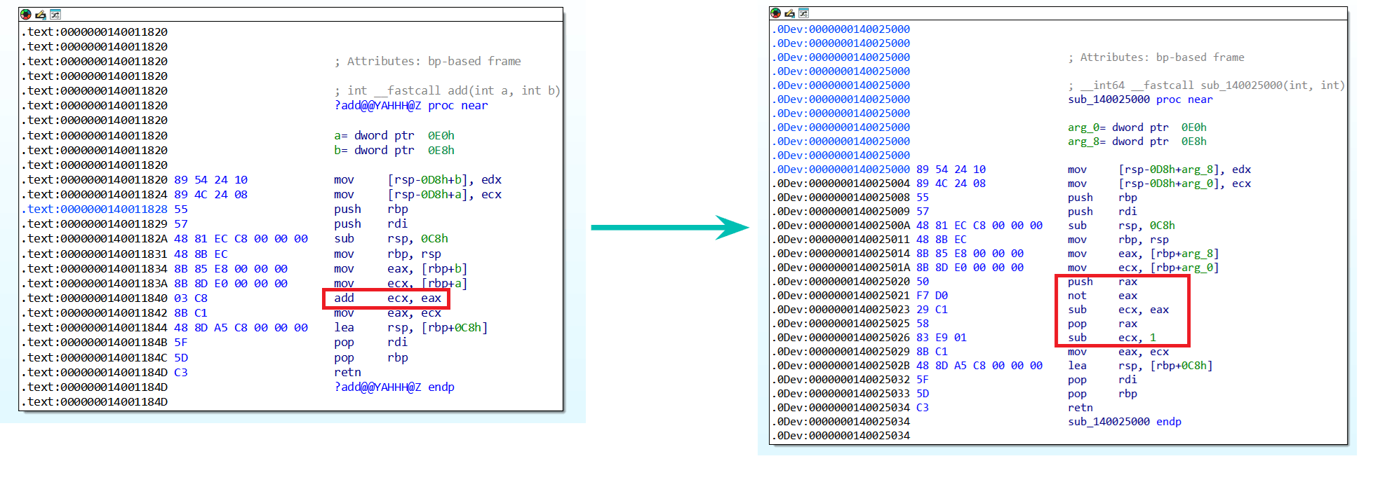 Example of instruction mutation via ALCATRAZ