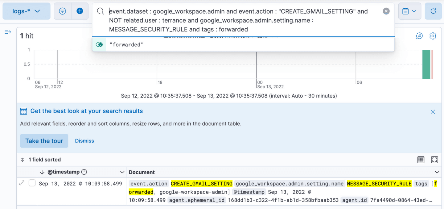 Custom query search in Elastic Stack Discover for email forwarding rule creation