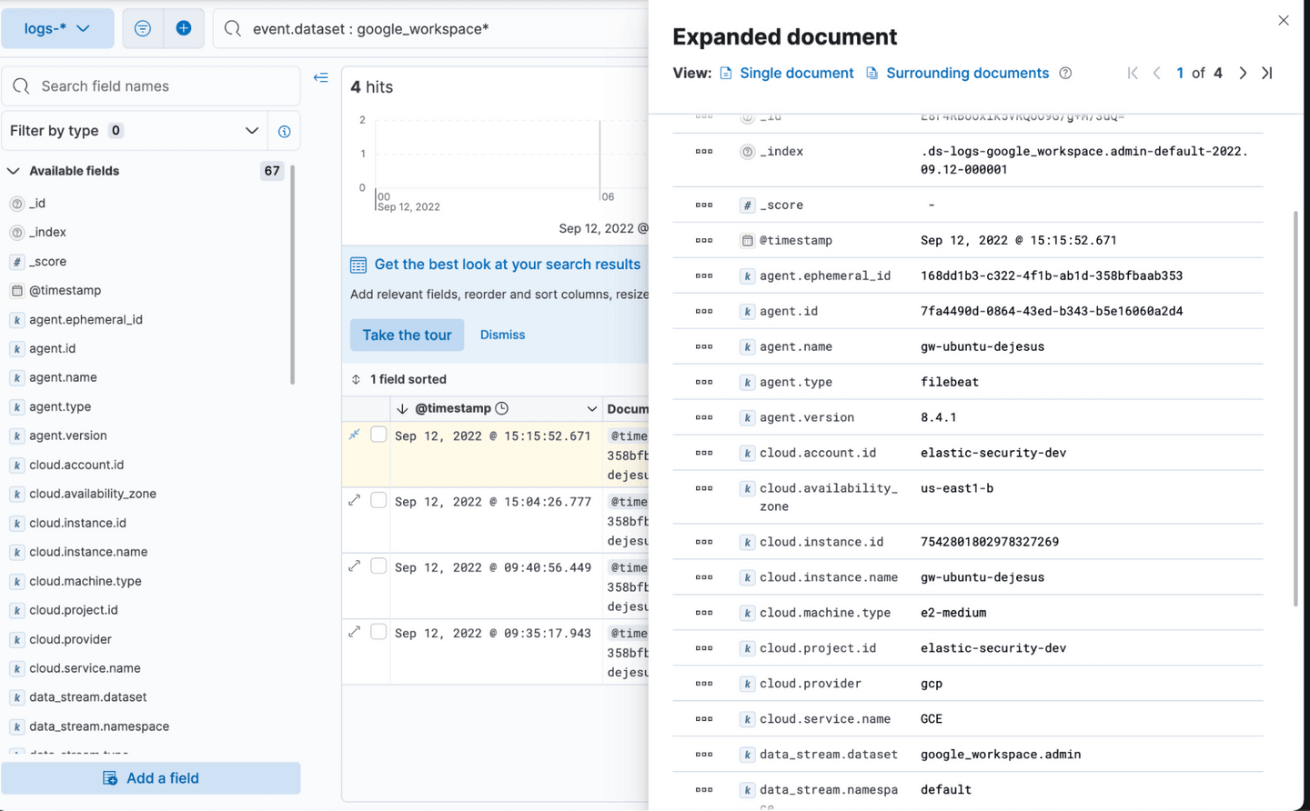 Google Workspace ECS documents search in Discover in Elastic Stack